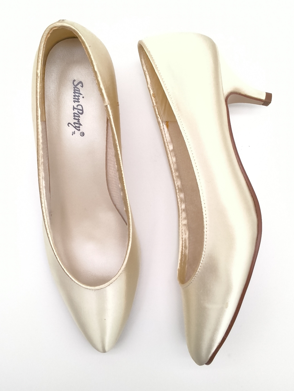 Women's Cream Satin Pointed-Toe Kitten Heels